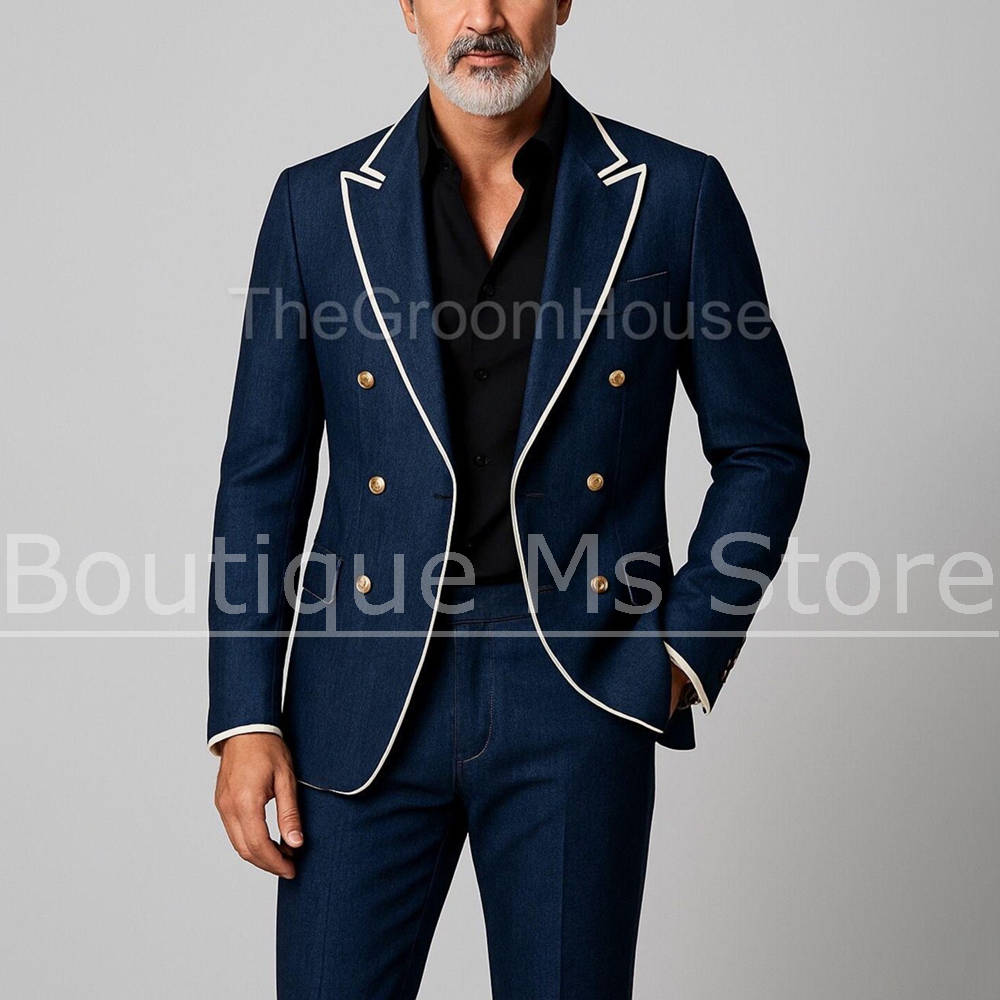 Men Formal Party Wear Outfit - Erkek Denim Kruvaze İki Parçalı Takım