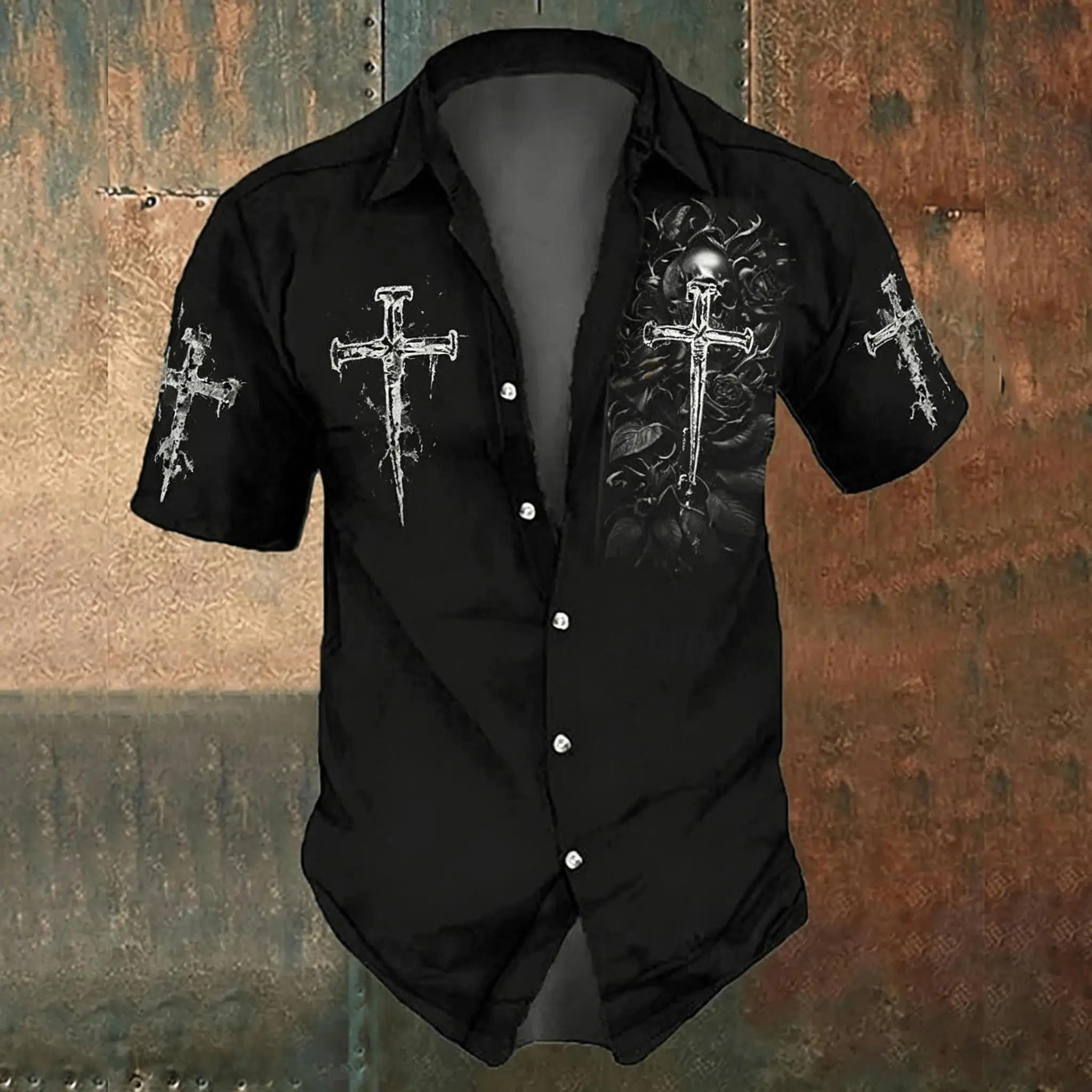 Men'S Gothic Formal Wear - Erkek siyah çapraz desenli günlük gömlek,