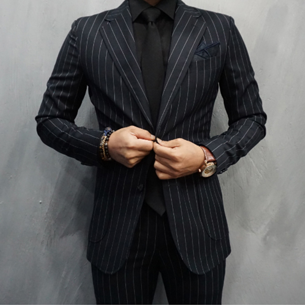 Large Men Formal Wear - Siyah Çizgili Erkek Takım Elbise Tek