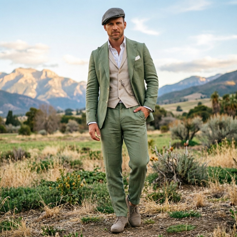 Adaçayı Yeşili Keten Erkek 3 P - Men Formal Party Wear Outfit incelemesi ve fiyatı